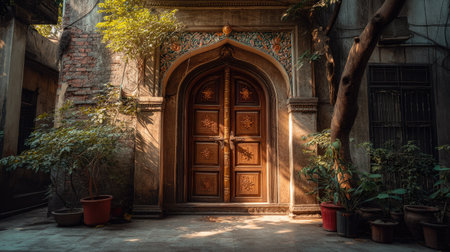 A stunning ornate wooden door stands as the focal point of a historic architectural backdrop, bathed in soft natural light and framed by lush greenery.の素材
