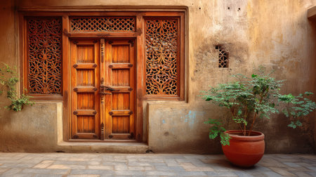 This image showcases a beautifully crafted wooden door featuring detailed carvings. Accompanied by a potted plant, it exemplifies a serene urban scene rich in tradition and character.の素材