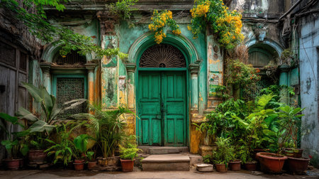 This captivating image features a vibrant green entrance framed by lush foliage and weathered walls, capturing the essence of historic architecture and nature.の素材