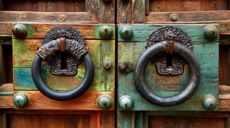 Discover the intricate details of a vintage wooden door featuring ornate lion knockers and a vibrant, weathered paint finish, evoking a sense of history.の素材