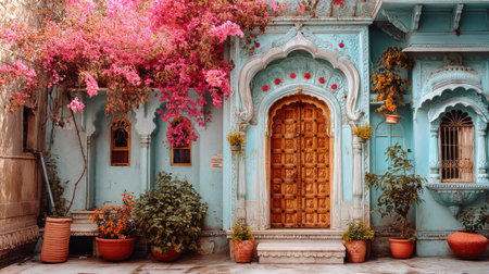 Stunning heritage home featuring an intricately carved wooden door framed by vibrant bougainvillea flowers, showcasing a picturesque garden ambience.の素材