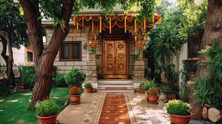 This image features a stunning traditional Indian entrance adorned with ornate wooden doors, vibrant decorations, and lush greenery, embodying cultural richness.の素材