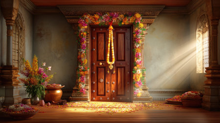 This stunning image features a beautifully crafted wooden door adorned with vibrant floral garlands, set in a traditional interior that radiates warmth and celebration.の素材