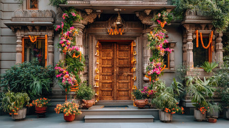 A beautifully crafted entrance featuring rich floral arrangements and intricate wooden doors, showcasing traditional Indian architecture and vibrant colors.の素材