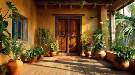 This image showcases a beautifully arranged entryway featuring rustic wooden doors complemented by lush tropical plants. The sunlit setting brings warmth to the vibrant colors and natural elements, creating an inviting and peaceful atmosphere perfect for any home.の素材