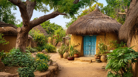 A charming village scene featuring thatched roof huts nestled among lush greenery. A serene pathway leads through this picturesque rural landscape, showcasing the beauty of traditional architecture and nature.の素材