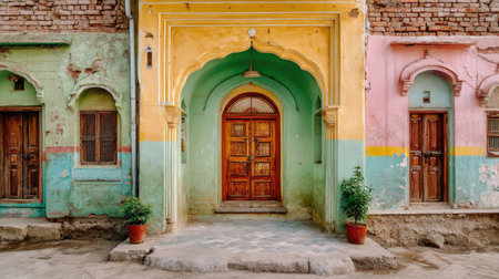 Explore the stunning entrance of a traditional Indian building with vibrant colors, intricate wooden doors, and a rich historical background.の素材