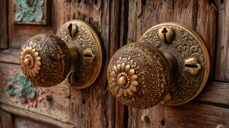 Discover ornate vintage door knobs with intricate floral designs set against a weathered wooden backdrop, perfect for enhancing any interior space.の素材