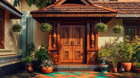 A stunning traditional entrance showcases an ornate wooden door framed by lush plants and decorative pots. The vibrant colors and natural light create an inviting atmosphere, emphasizing craftsmanship and cultural heritage in a tranquil outdoor space.の素材