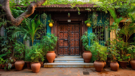 A beautifully crafted wooden door stands prominently in a colorful courtyard, surrounded by lush green plants and vibrant pots, creating an inviting atmosphere.の素材