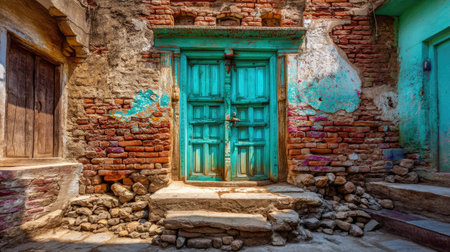 A stunning image of a brightly painted blue door framed by a rustic brick wall, showcasing the charm of traditional village architecture and colorful textures.の素材