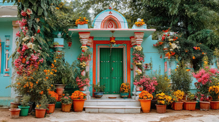 This vibrant entryway showcases a traditional Indian house beautifully adorned with an array of colorful flowers and lush plants, creating a picturesque and inviting atmosphere.の素材