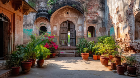 This captivating image captures a serene courtyard with lush greenery and historic architectural features, perfect for showcasing cultural beauty and tranquility.の素材