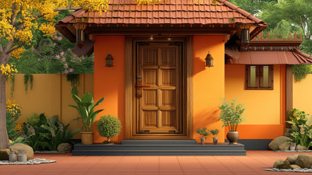 A beautiful entrance featuring a vibrant wooden door, surrounded by lush greenery and bright yellow autumn leaves, showcases a peaceful, welcoming atmosphere.の素材