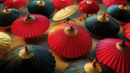 This stunning image showcases a delightful array of vibrant Japanese parasols on sand, featuring intricate details and a captivating color palette of red and green.の素材