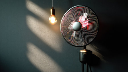 An artistic capture featuring a sleek wall-mounted fan alongside a hanging light bulb, creating a modern ambiance with soft shadows and warm light.の素材