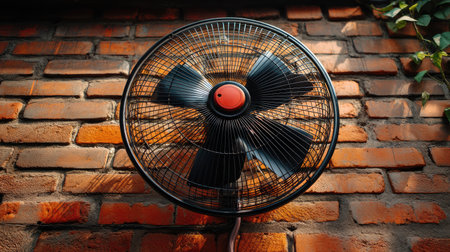 A stylish vintage wall fan mounted on a textured brick wall, casting warm shadows and enhancing the industrial charm of the space, perfect for home decor ideas.の素材