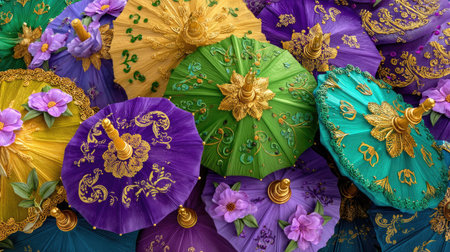 A stunning array of decorative parasols showcases intricate designs and vibrant colors. Perfect for outdoor events, these unique pieces add elegance and charm.の素材