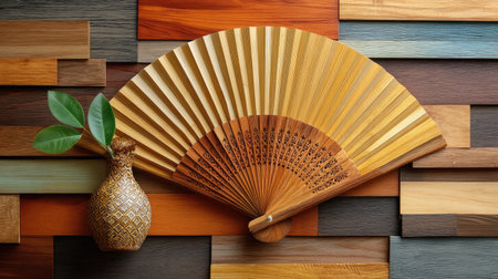 A beautifully crafted traditional fan paired with a decorative vase, set against a vibrant wooden backdrop, emphasizing elegance and artistry in home decor.の素材