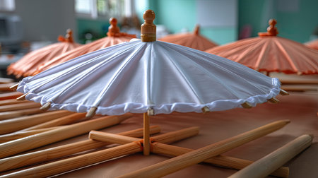 This image showcases a collection of decorative Asian umbrellas in various bright colors, elegantly displayed on a table. The unique designs highlight craftsmanship and cultural artistry, making them ideal for events or home decor.の素材
