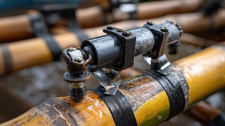 This close-up image showcases a metal connector affixed to a bamboo structure, highlighting intricate details and textures in a watery setting.の素材