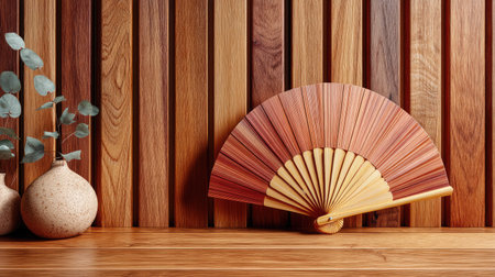 This elegant wooden fan is beautifully displayed against a textured wood panel backdrop. Accompanied by a ceramic vase and eucalyptus leaves, it creates a serene and artistic ambiance perfect for home decor inspiration.の素材