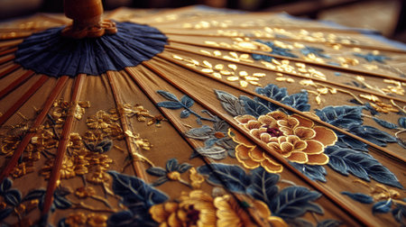 Discover an exquisite golden umbrella adorned with vibrant blue and gold floral embroidery, perfect for enhancing any artistic decor or event setting.の素材
