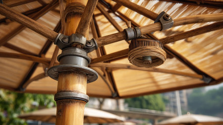 This image captures a detailed close-up of a rustic umbrella structure featuring wooden and metal elements, perfect for documenting outdoor leisure.の素材