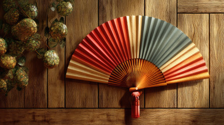 A vibrant, colorful folding fan gracefully rests against a wooden backdrop, surrounded by decorative orbs, creating a charming and artistic composition.の素材