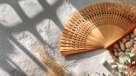 A beautifully designed wooden fan rests elegantly on a textured surface, surrounded by natural stones and dried leaves, creating a serene ambiance.の素材