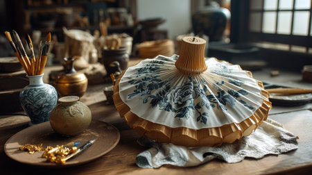 A stunning still life featuring a beautifully crafted traditional fan resting on a rustic table, surrounded by artistic tools and decorative items, perfect for showcasing artistry and cultural heritage.の素材