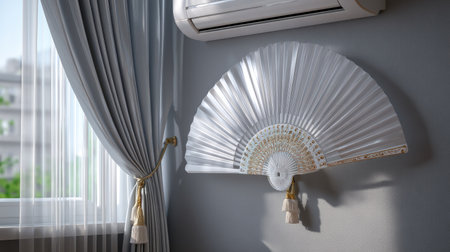This image showcases an elegant white decorative fan mounted on the wall in a modern interior setting, complemented by sheer curtains and an air conditioner, creating a serene ambiance.の素材