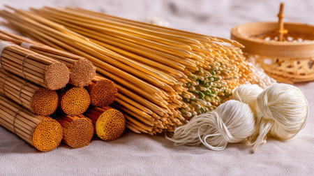 A vibrant collection of craft supplies, featuring colorful yarn, knitting needles, and wooden tools, arranged attractively on a soft fabric background, perfect for creative projects.の素材