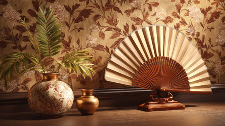 This stunning image showcases elegant home decor, featuring a decorative fan, stylish vases, and a floral wallpaper backdrop, perfect for enhancing interior spaces.の素材
