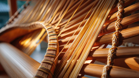 Explore the intricate beauty of a weaving process, showcasing the textures and colors of natural materials in a handcrafted artistic expression.の素材