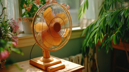 A charming vintage fan placed in a sunlit room surrounded by vibrant plants, creating a serene atmosphere perfect for warm days and relaxing moments.の素材