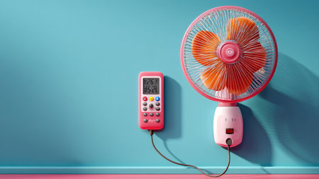 A stylish and colorful fan equipped with a remote control, set against a vibrant blue wall, providing a fresh atmosphere for any indoor space.の素材