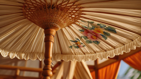 A beautifully crafted parasol showcasing intricate floral designs and natural materials, perfect for adding elegance to outdoor and indoor spaces.の素材