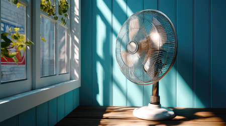 A modern standing fan positioned in a bright, blue interior, capturing natural light through the window, enhancing aesthetics and comfort.の素材
