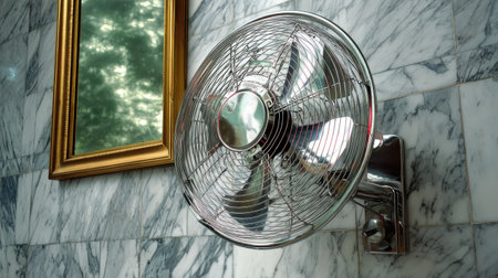 A stylish vintage chrome table fan mounted on a textured marble wall, showcasing a decorative gold-framed mirror reflecting soft sunlight, offering a chic home ambiance.の素材