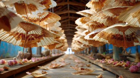 A captivating view of intricately designed traditional umbrellas hanging in a rustic workshop, surrounded by fallen floral petals, showcasing cultural craftsmanship.の素材