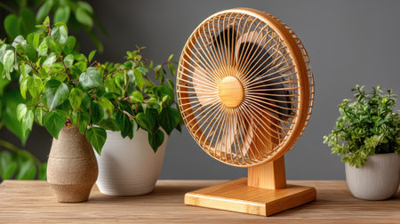 A charming wooden fan complements lush indoor plants, creating a serene atmosphere in a modern living space. Perfect for decor enthusiasts.の素材