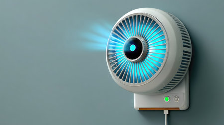 This modern wall-mounted fan features a sleek design with blue lighting, perfect for enhancing comfort and style in any room. Ideal for home or office use.の素材