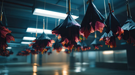 An artistic display featuring black umbrellas adorned with red flowers, suspended in an industrial setting, creating a unique and vibrant atmosphere.の素材