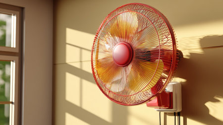 A bright red electric fan mounted on a wall, casting soft shadows in a sunlit room, evoking a sense of comfort and summer relaxation.の素材