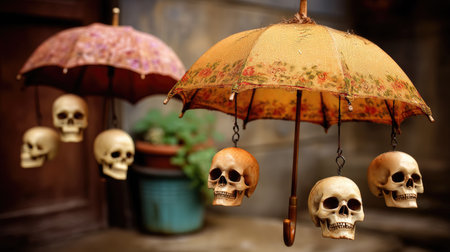 A striking arrangement featuring floral-patterned umbrellas suspended with human skulls, creating an intriguing blend of elegance and macabre through artistic elements.の素材