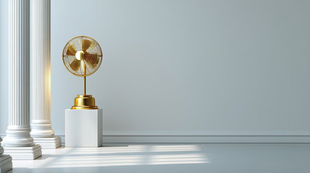 A stylish vintage fan stands elegantly on a pedestal in a minimalistic room filled with natural sunlight, enhancing the serene and sophisticated atmosphere.の素材