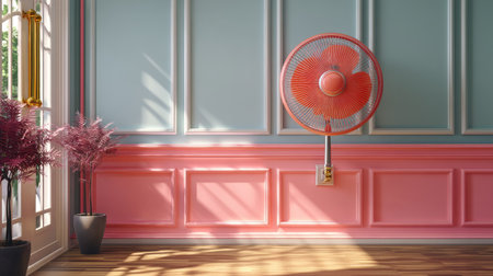 A beautifully designed interior showcasing a decorative wall fan against a pastel pink and blue backdrop, creating a vibrant and inviting atmosphere.の素材