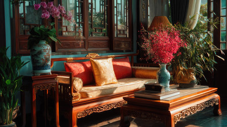 Experience the charm of a traditional living room featuring ornate furniture, vibrant floral arrangements, and stunning natural light, creating a cozy and inviting atmosphere.の素材