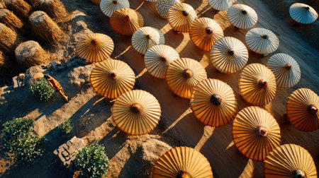 An aerial view captures the beauty of traditional straw hats in a picturesque rural setting, surrounded by nature and agricultural land. The sunlight casts gentle shadows, creating a serene and vibrant atmosphere perfect for travel enthusiasts and those appreciating craftsmanship.の素材